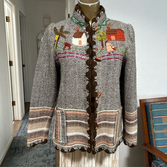 Frog a la Peche Jackets & Blazers - VTG Folk Art Embroidered Woven Wool Blazer Jacket By Frog a la Peche Designer